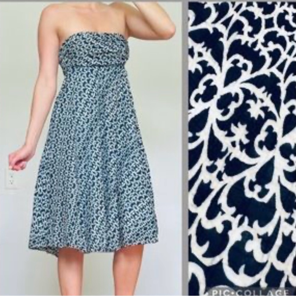 J. Crew Blue & White Strapless Smocked A Line Sundress for Resort Wear-Coastal